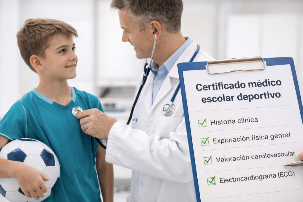 Médico auscultando a un niño con balón para certificado médico deportivo escolar