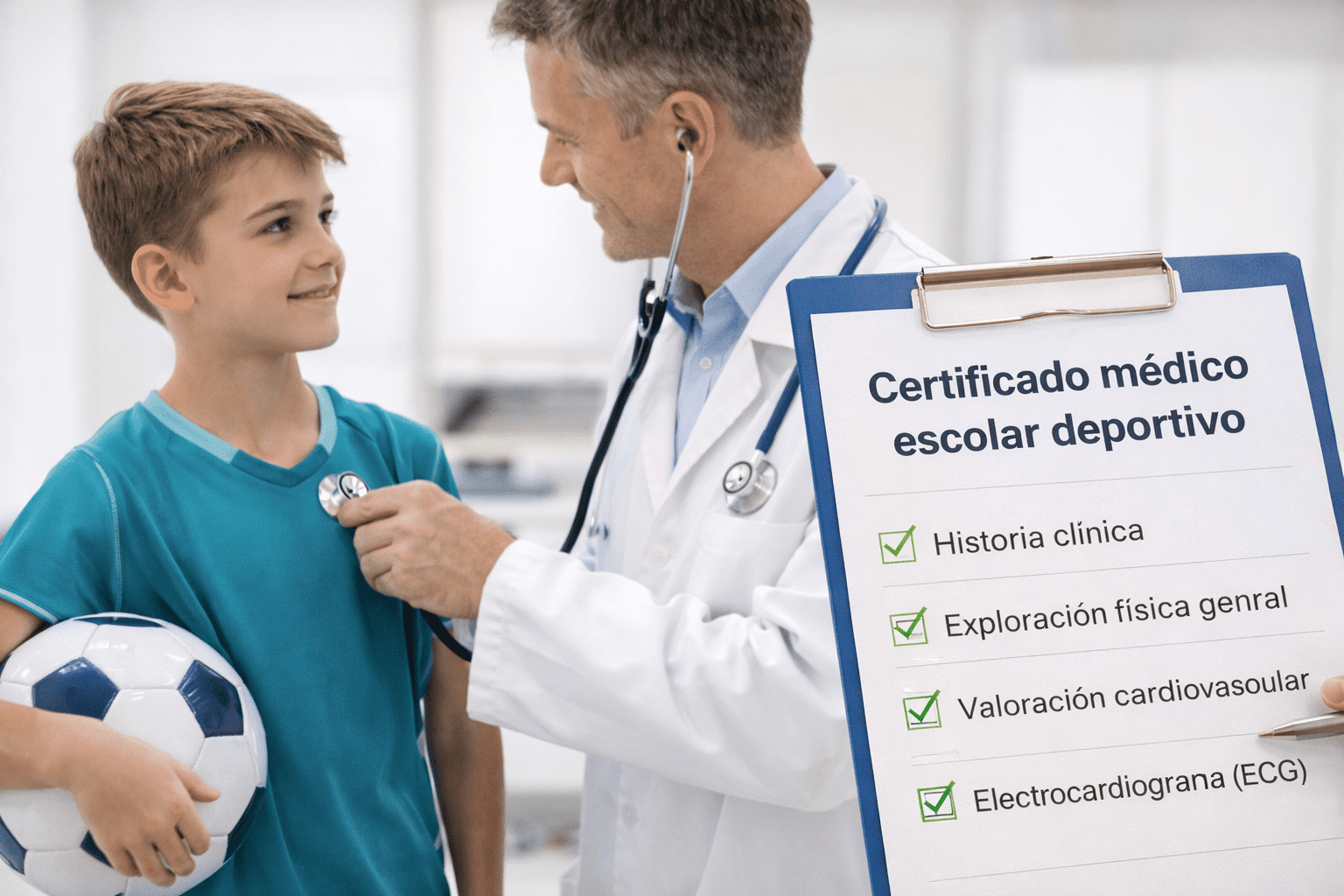 Médico auscultando a un niño con balón para certificado médico deportivo escolar