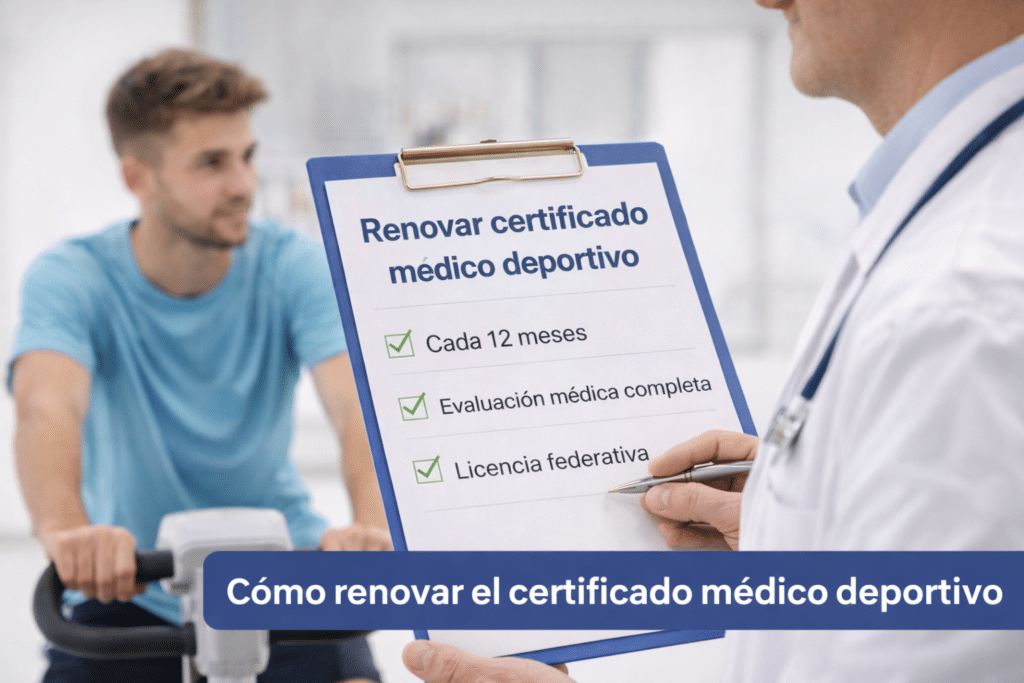 Médico revisando la renovación de un certificado médico deportivo en consulta