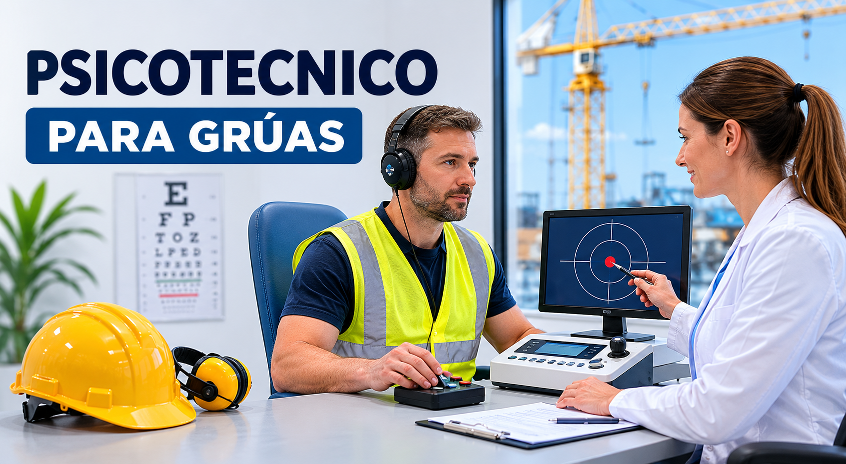 Operador con chaleco reflectante en control de grúa durante reconocimiento psicotécnico en Vitoria